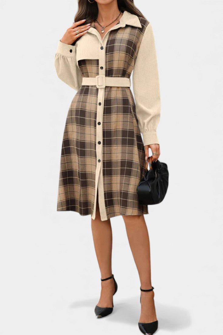Naïla Checkered Shirt Dress with Belt - Mid-Length Style