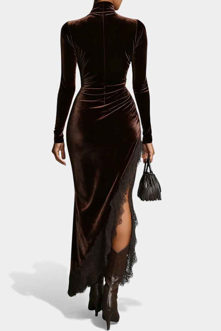 Mylène Asymmetrical Lace Hem Long Velvet Dress