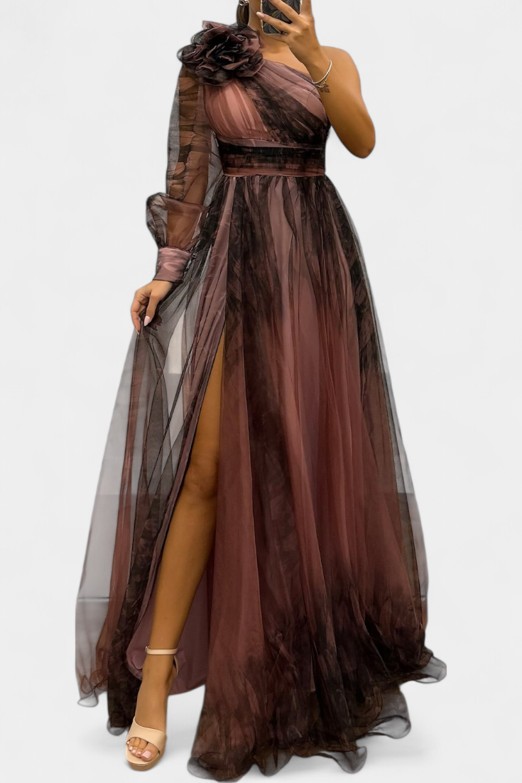 Becca Asymmetrical Chiffon Dress with Elegant Floral Detail