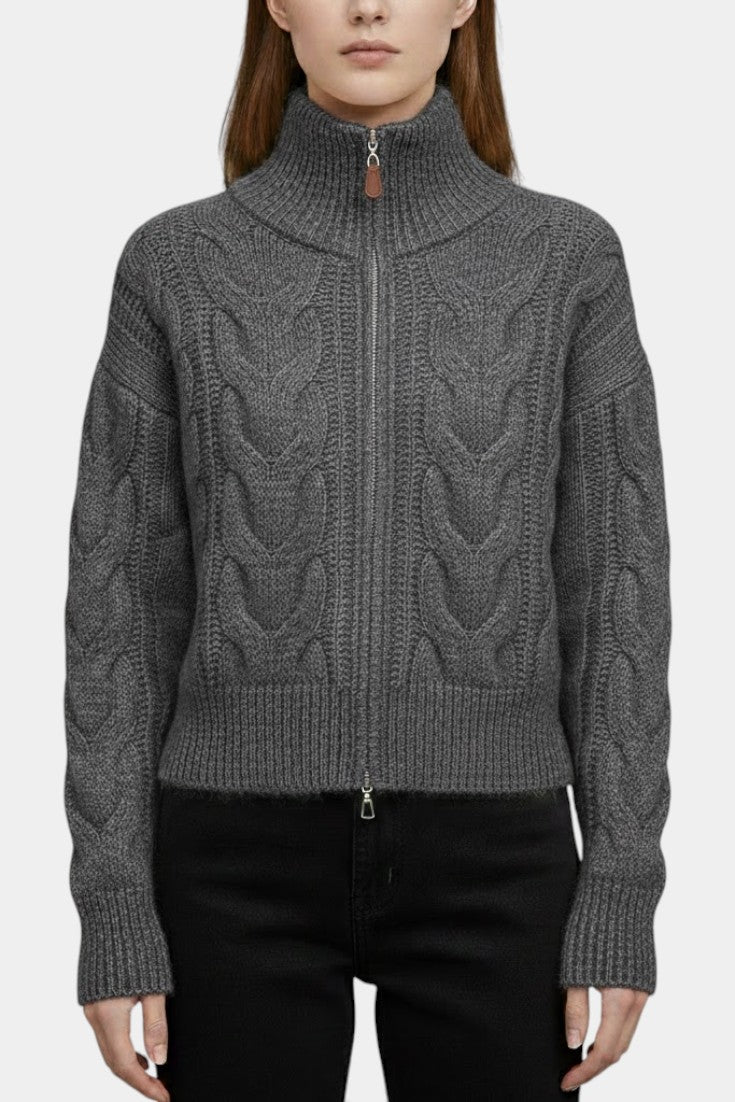 White High-Neck Cable Knit Zip Vest