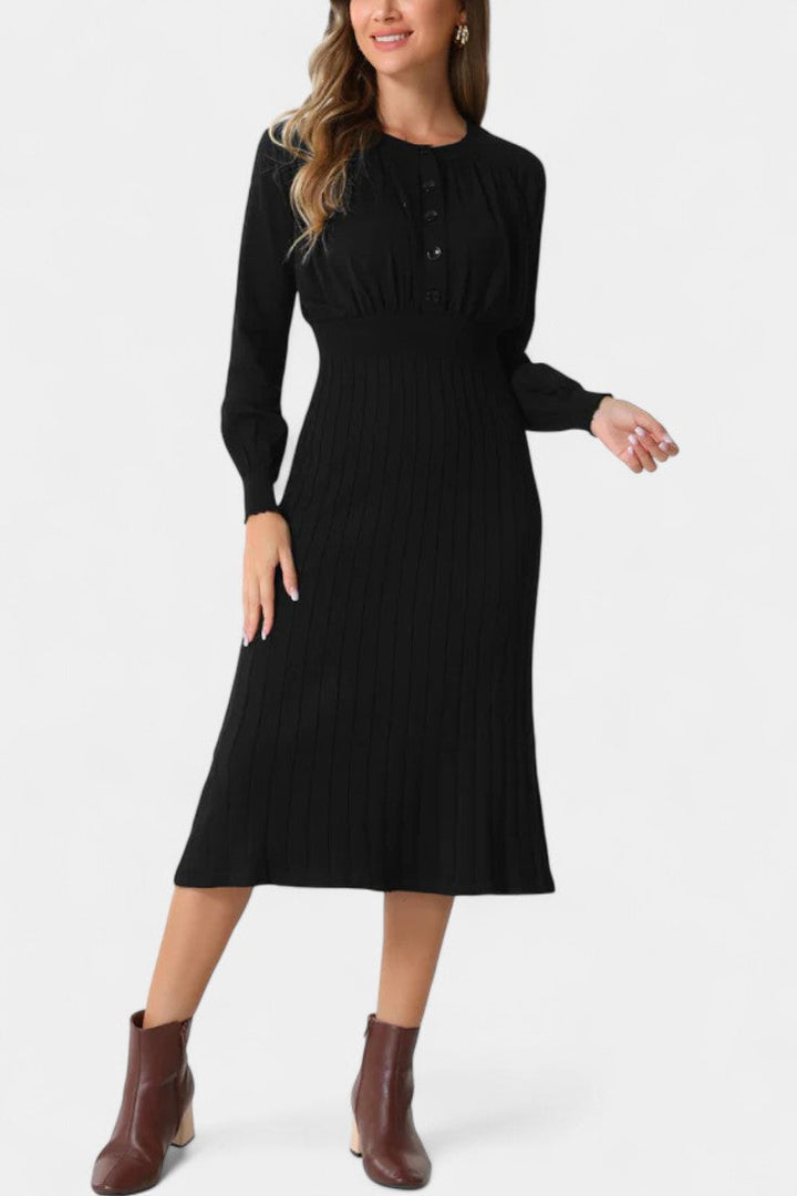 Arsina Ribbed Midi Dress with Lantern Sleeves and Round Neckline