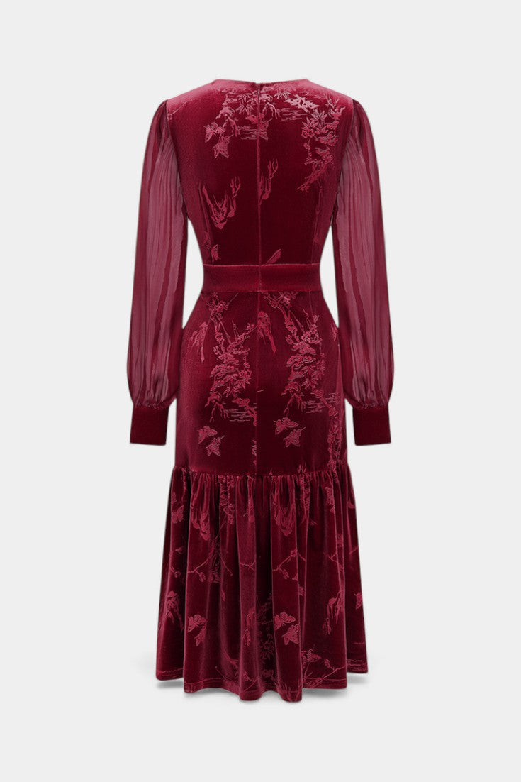 Mavluda Puff Sleeve Midi Mermaid Dress with Round Neck