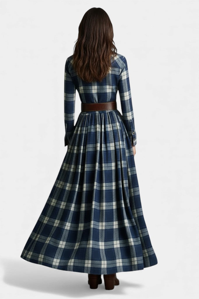Eustelle Collared Blue Check Maxi Dress