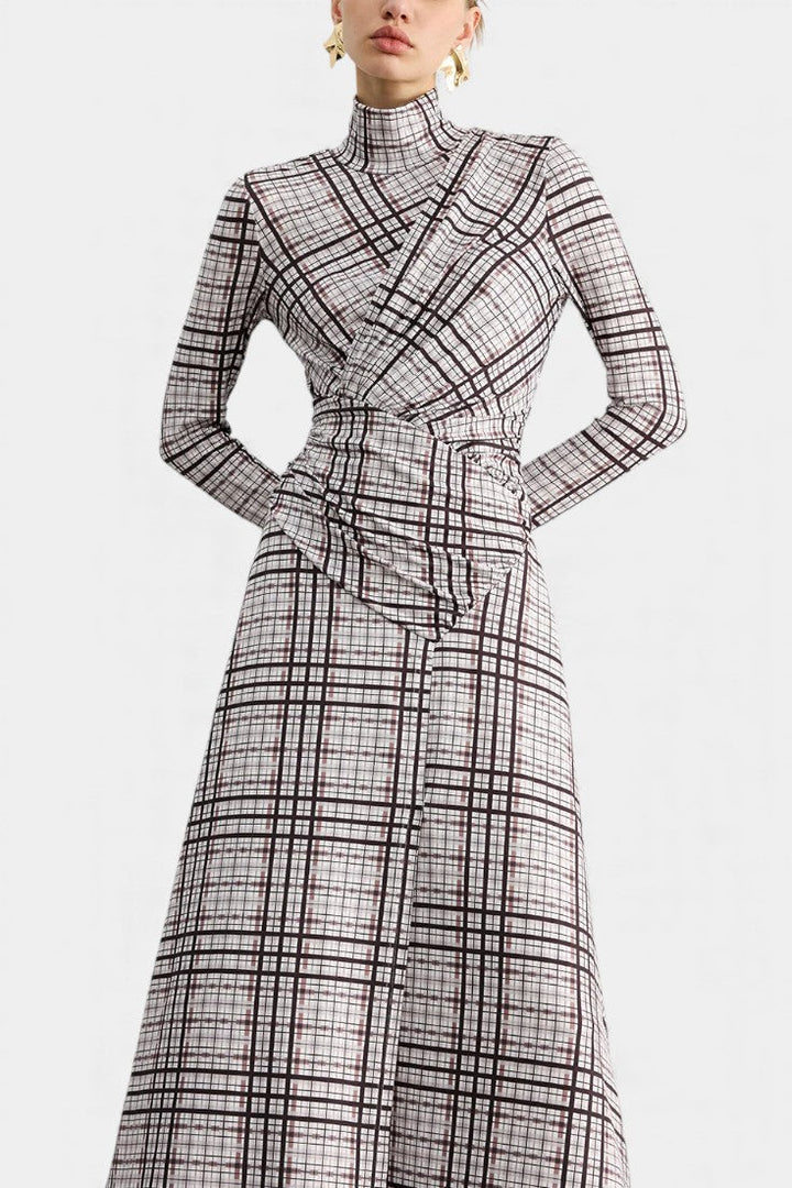 Checked Velleda Maxi Dress with High Collar and Long Sleeves