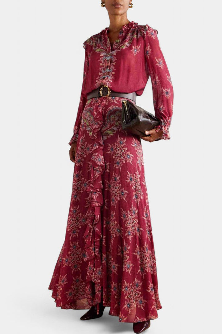 Bohemian Print Ruffled Chiffon Set by Amancia