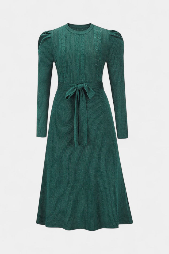 Évoria Puff Sleeve Knitted Midi Dress with Lace Accents