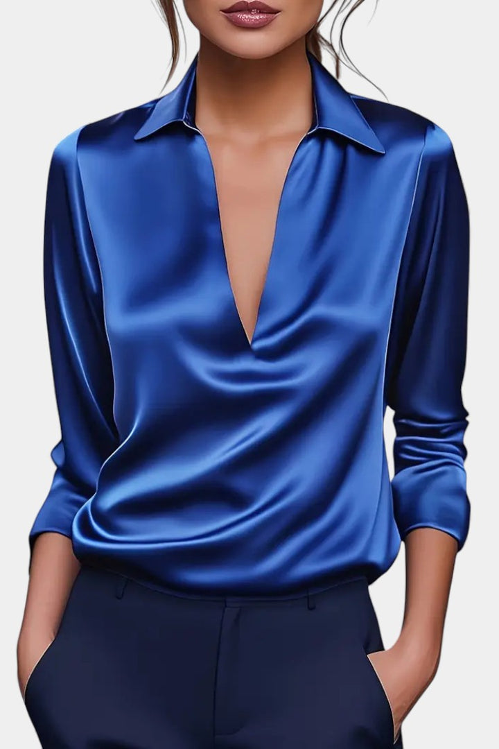 Plunging Neckline Aline Silver Satin Blouse