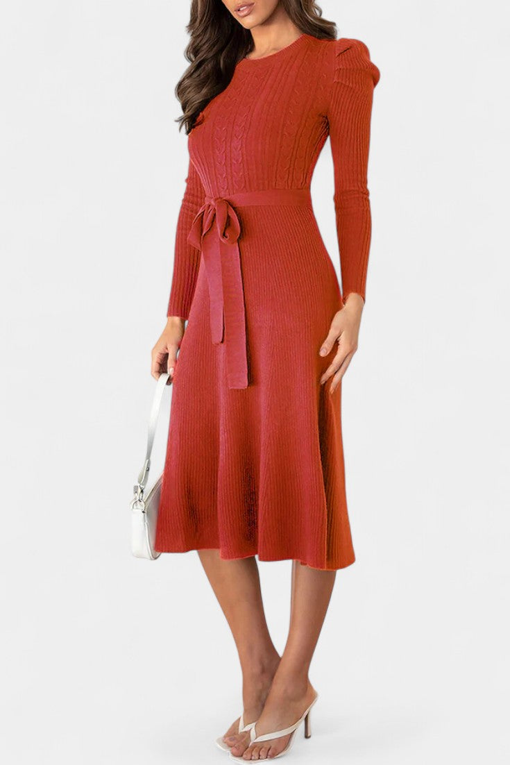 Évoria Puff Sleeve Midi Knit Dress with Lace Accents