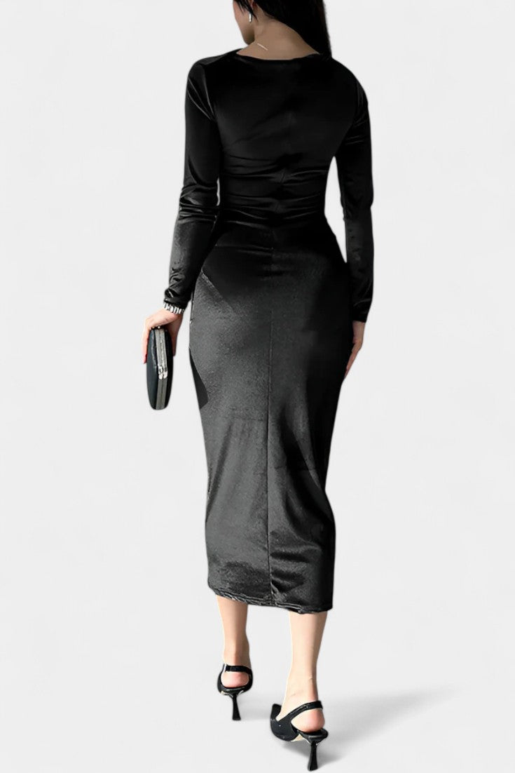 Ruched Velvet Long Sleeve Bodycon Maxi Dress by Amicie