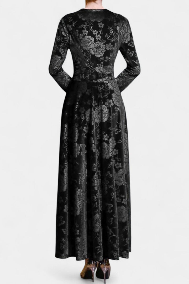 Ombeline V-Neck Long Velvet Dress with Textured Floral Design