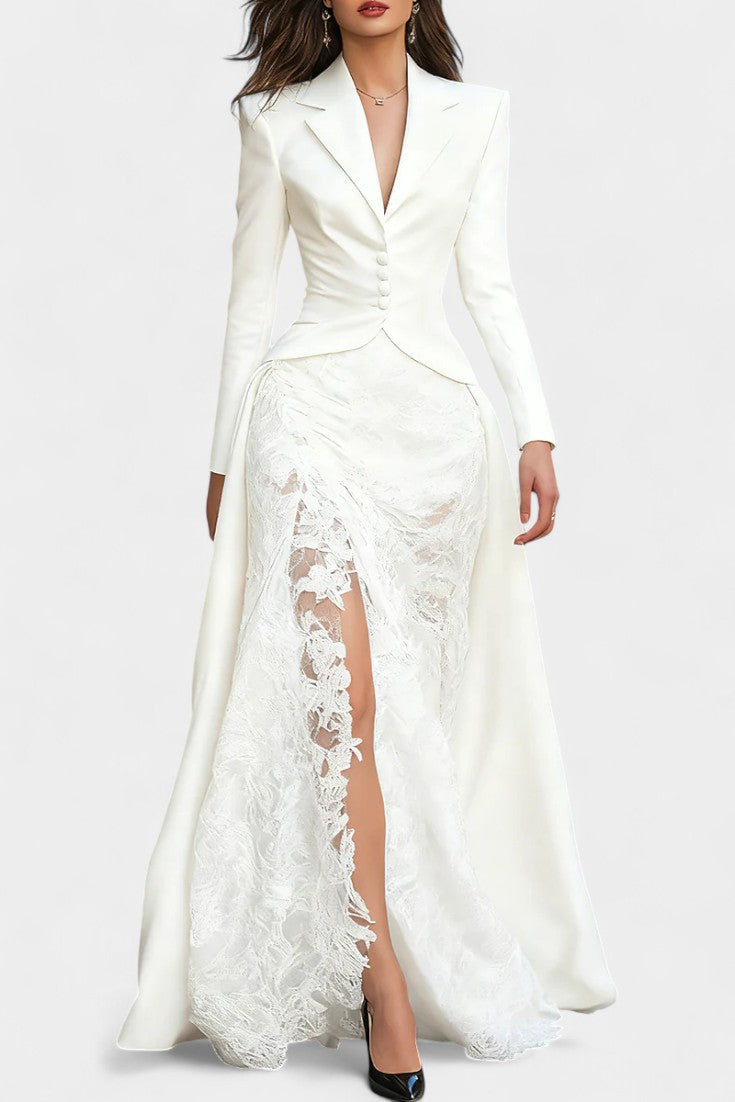 Flavienne Satin Blazer Dress with Black Lace Accents