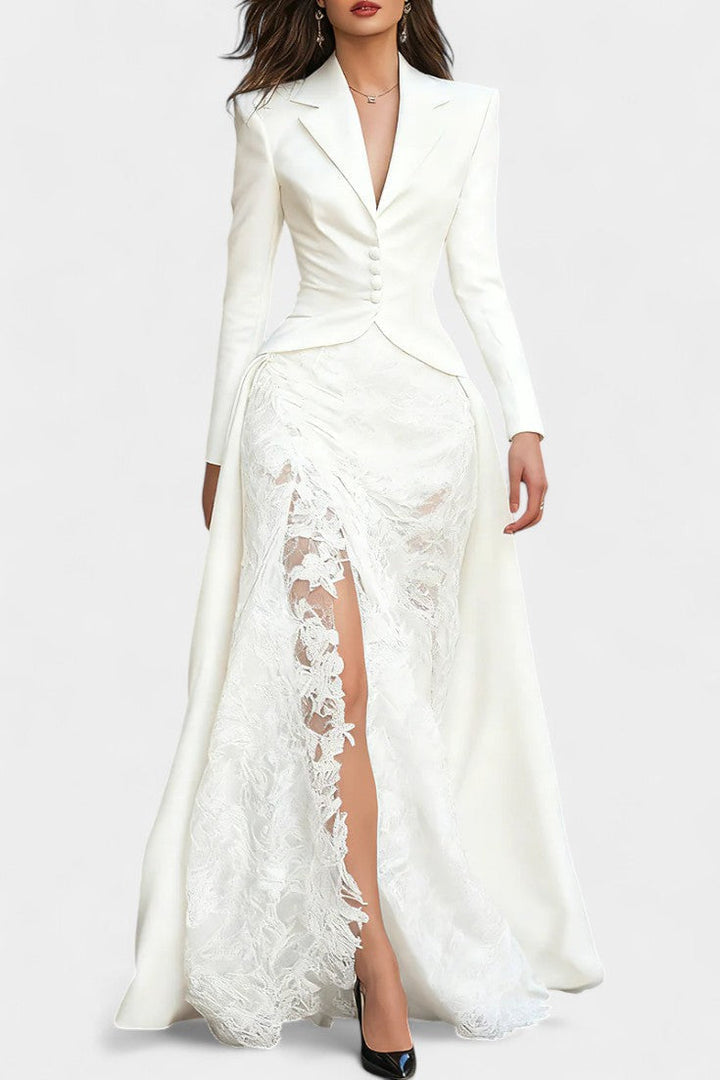 Flavienne Satin Blazer Dress with Black Lace Accents