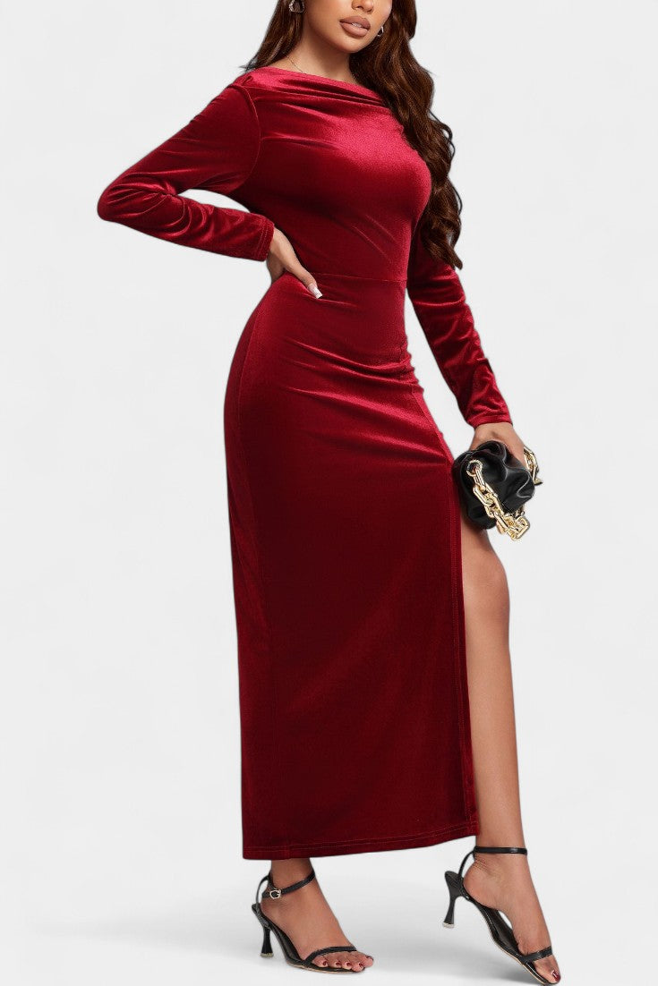 Aimée Velvet Bodycon Maxi Dress with High Slit