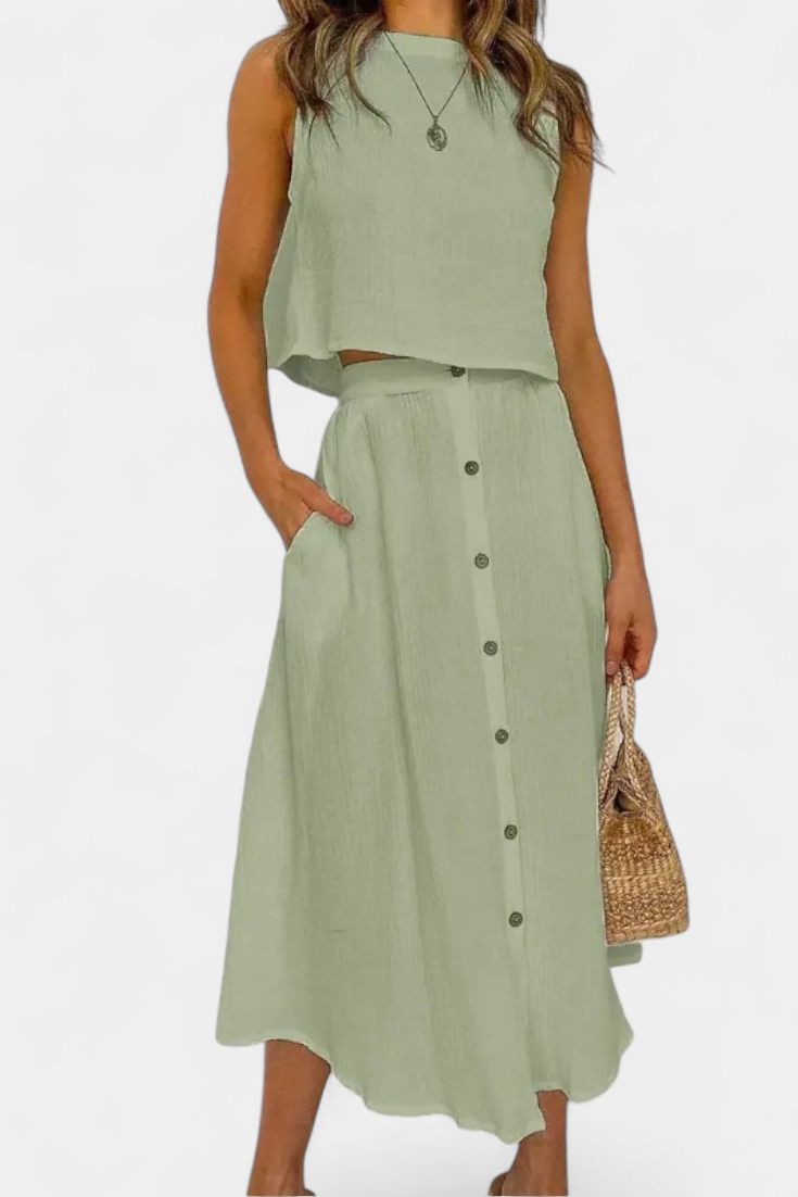 Naha Casual Cotton Ensemble with Center Button Detail and Midi Skirt