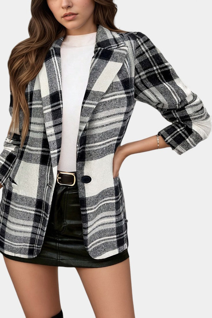 Alvine Long Plaid Blazer featuring Notched Collar and Single Button Fastening