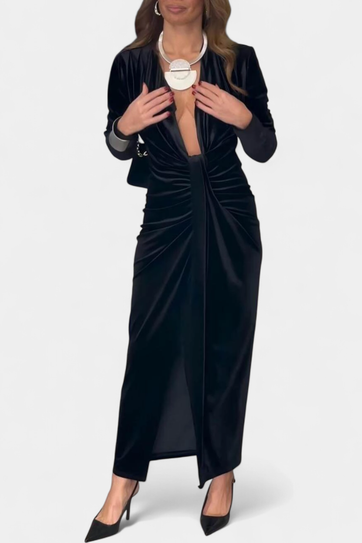 LaVerna Golden Dress Featuring a Deep V-Neck and Front Slit