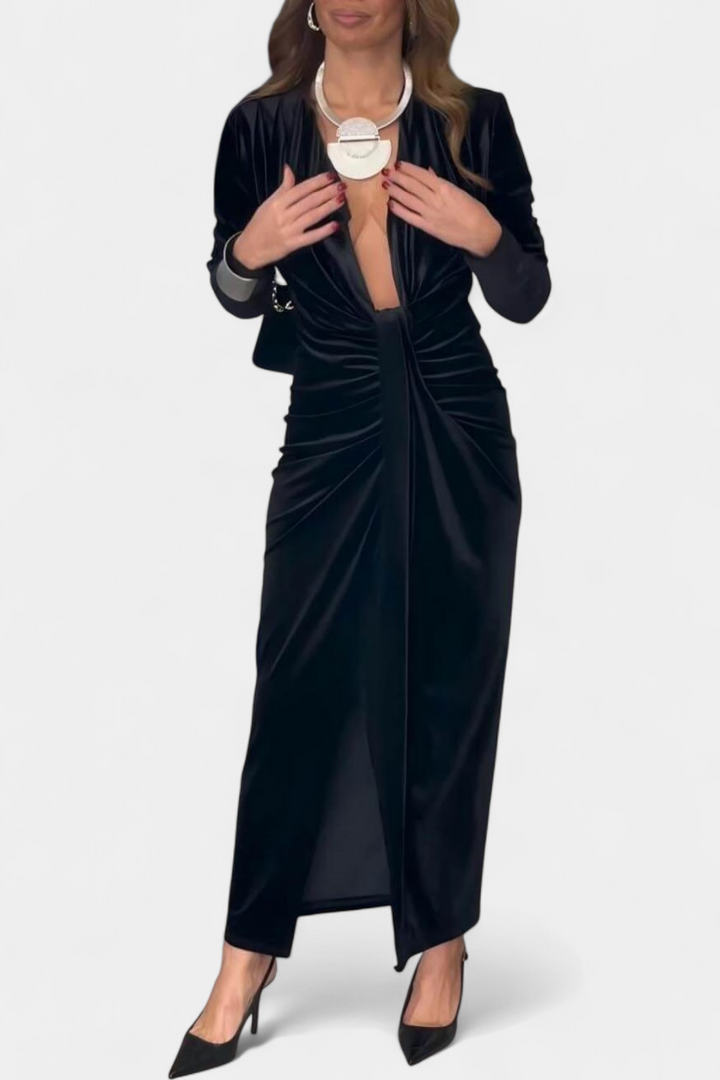 LaVerna Golden Dress Featuring a Deep V-Neck and Front Slit