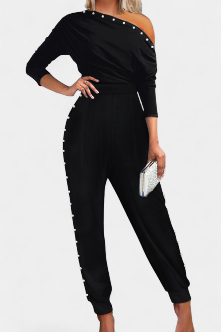Asymmetrical Beaded Jumpsuit with Straight Leg Design
