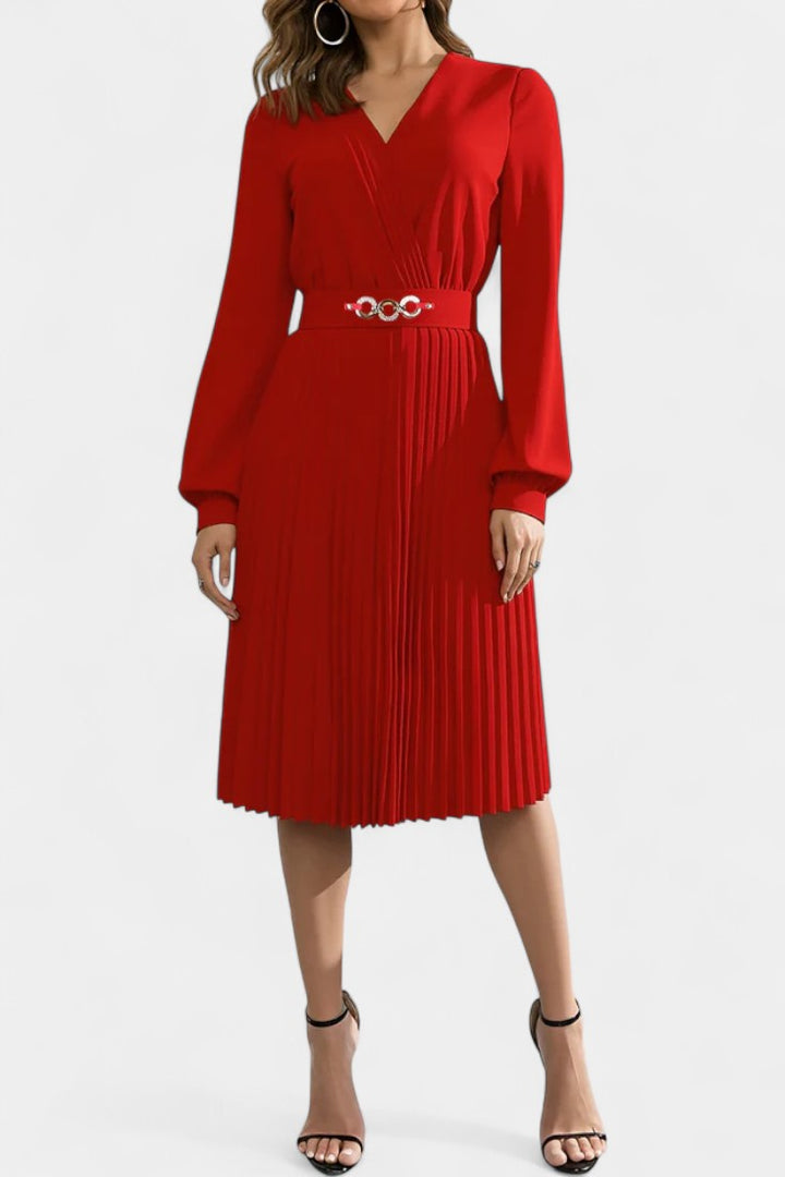 Lucie Long Sleeve Midi Dress with Pleats and Belt