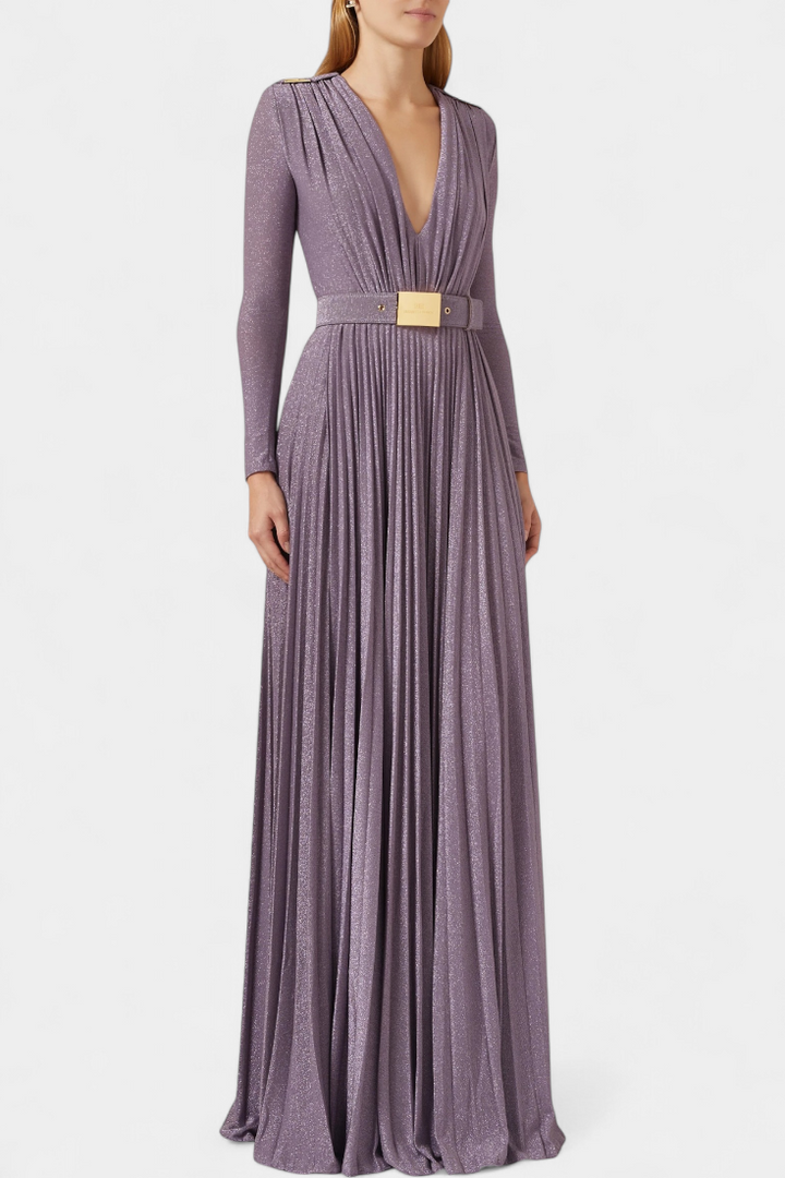 Raisa V-Neck Long Dress with Belted Waist