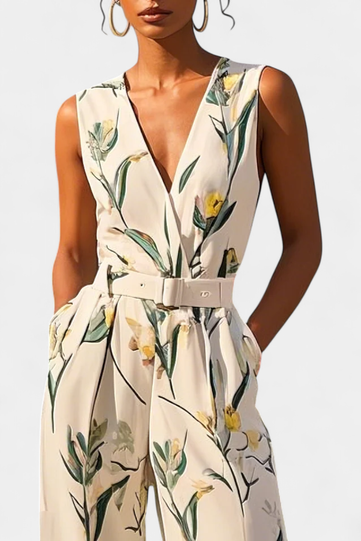 Slara White V-Neck Jumpsuit with Belted Waist