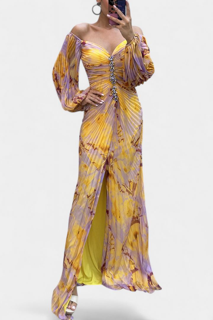 Quintessa Off-Shoulder Pleated Evening Gown with Puff Sleeves