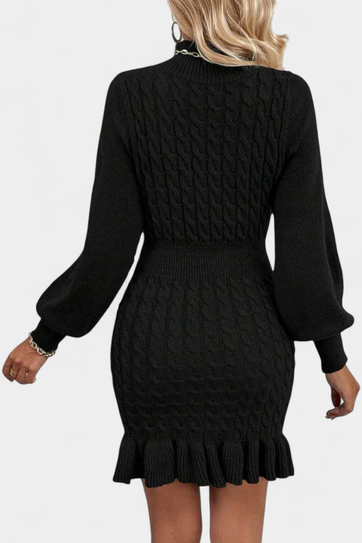 Eglantina High Neck Mini Bodycon Knit Dress with Ruffle Details