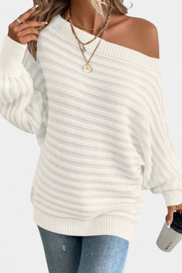 Nemba Casual Striped Batwing Sleeve Sweater with Boat Neck