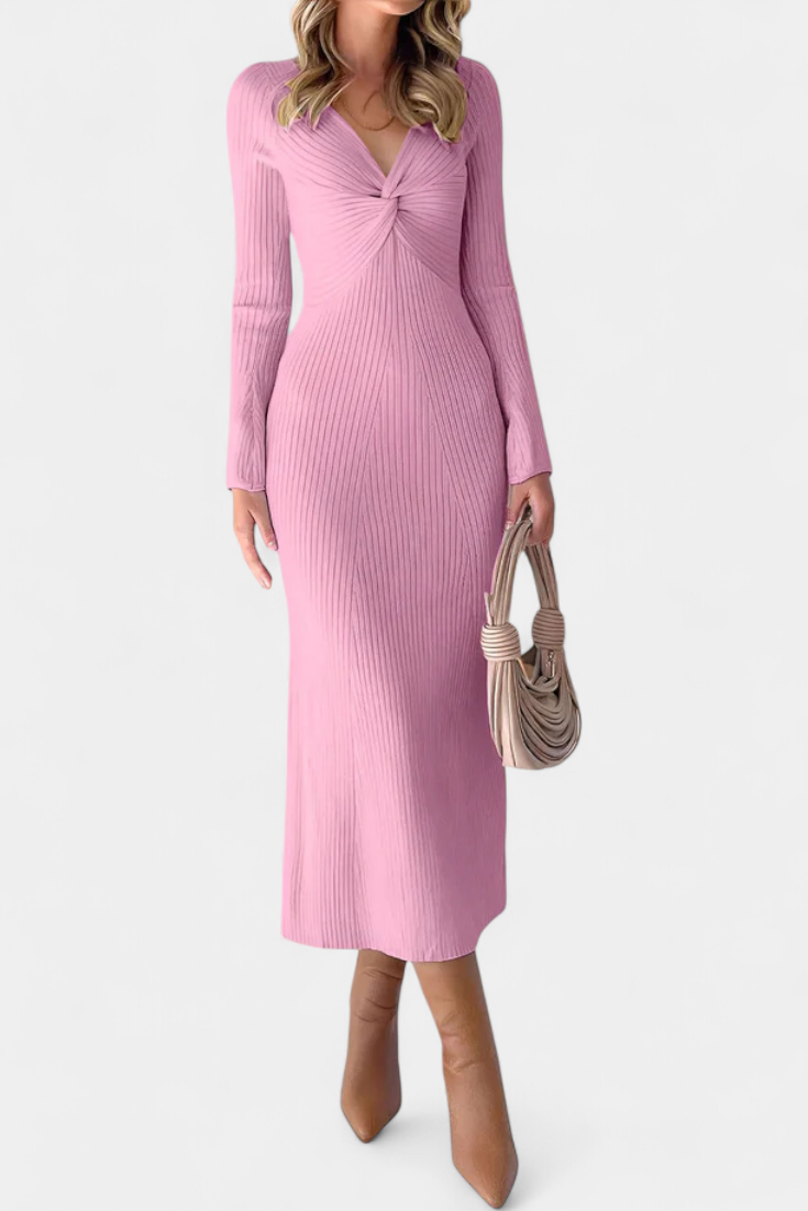 Mélusine Ruched V-Neck Long Sleeve Fitted Knit Dress