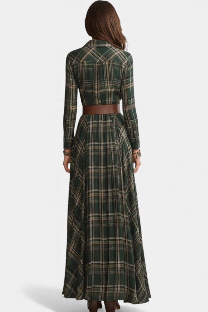 Deep Green Alyona Maxi Dress: Western Chic Plaid Style