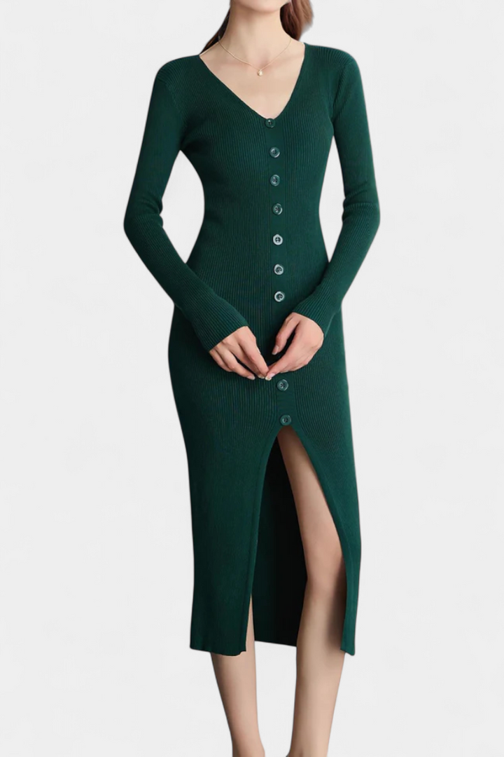 Nadège V-Neck Midi Knitted Dress with Chic Button Details