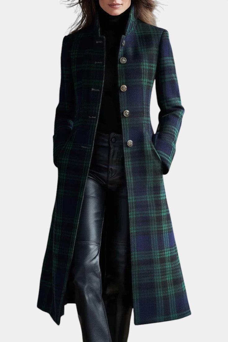 Caterina Vintage-Inspired Midi Coat in Blue-Green Plaid