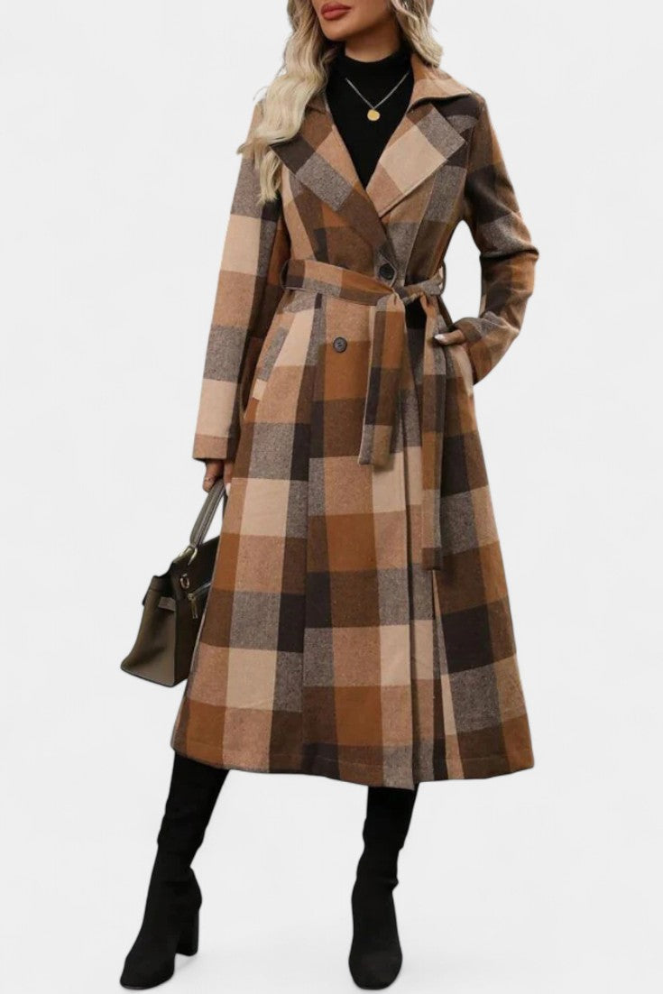 Mélissandre Long Plaid Double-Breasted Coat featuring Notched Collar