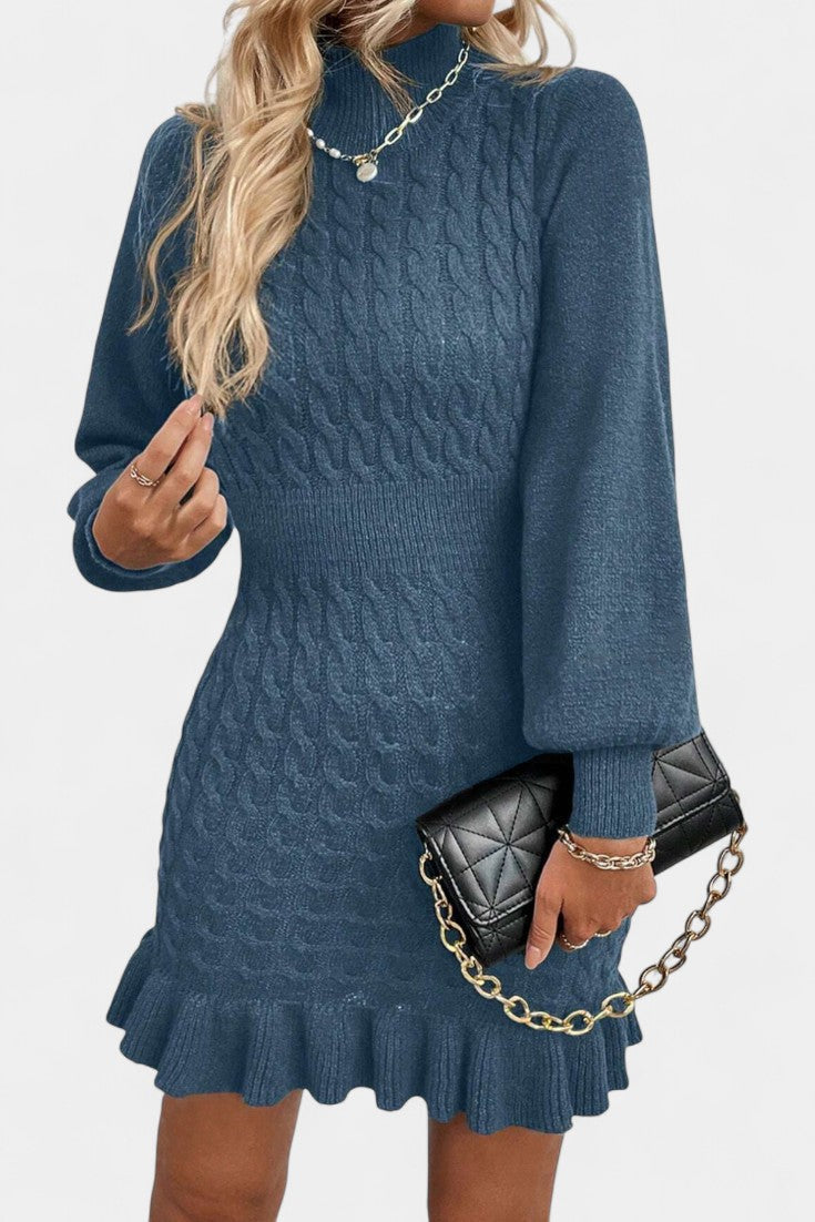 Eglantina High Neck Mini Bodycon Knit Dress with Ruffle Details