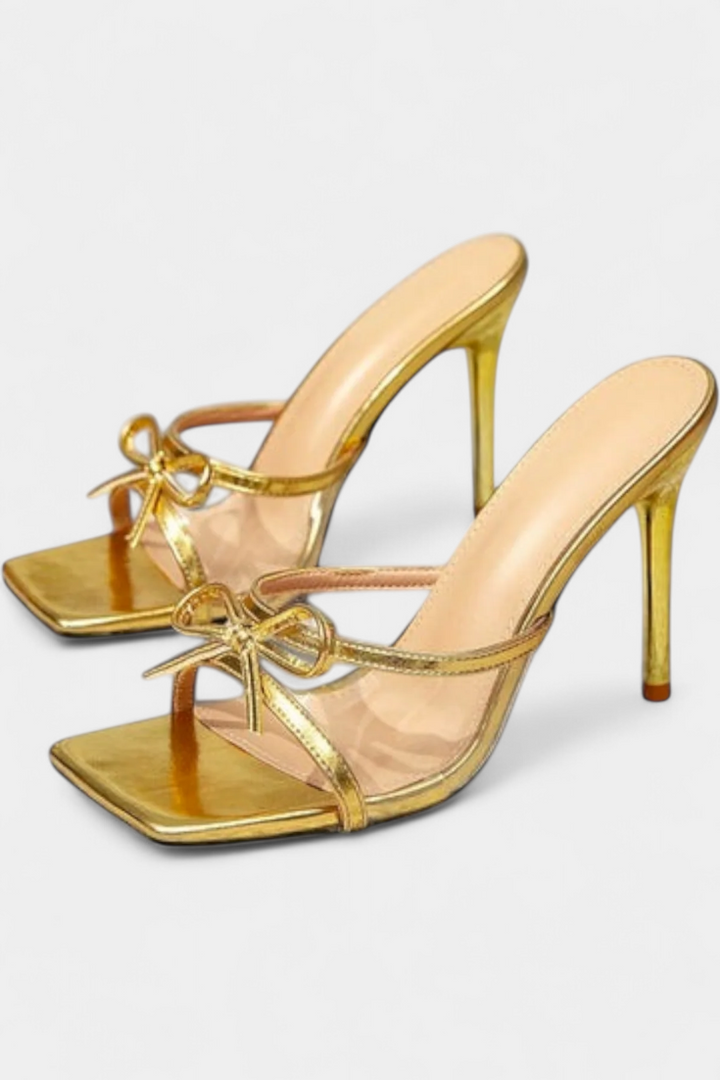 Brenda Stiletto Heels Featuring a Metallic Bow and Contemporary Patchwork Design