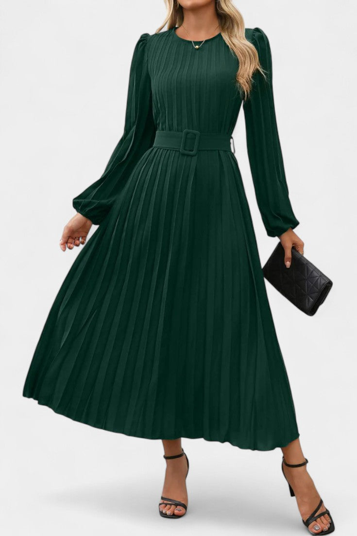 Christelle Puff Sleeve Long Pleated Dress with Belt