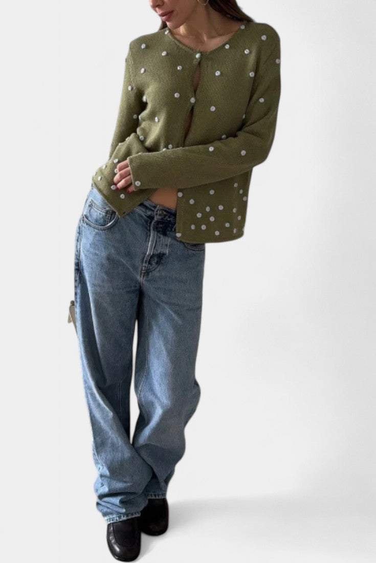 Keely Lightweight Knit Fitted Cardigan with 3D Floral Embroidery and Button Front