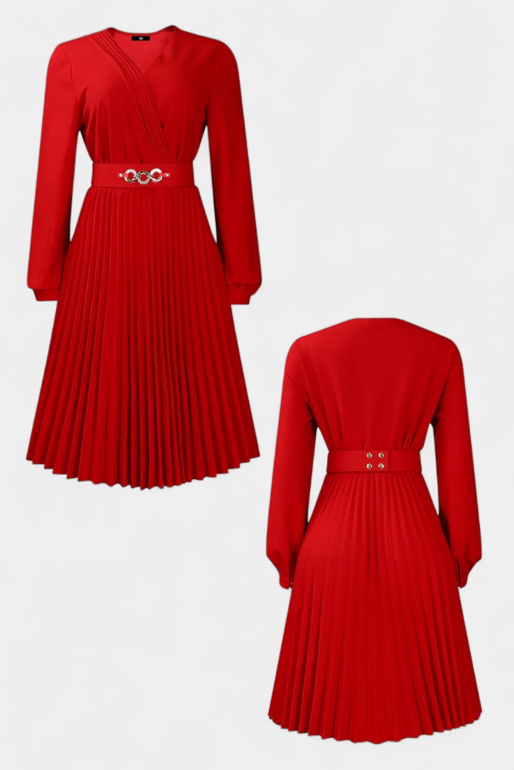 Lucie Long Sleeve Midi Dress with Pleats and Belt