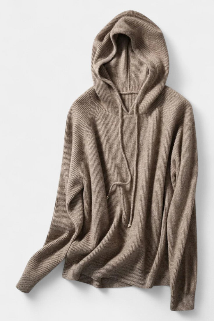 Agnella Hip-Length Ribbed Hoodie Sweater with Drawstrings