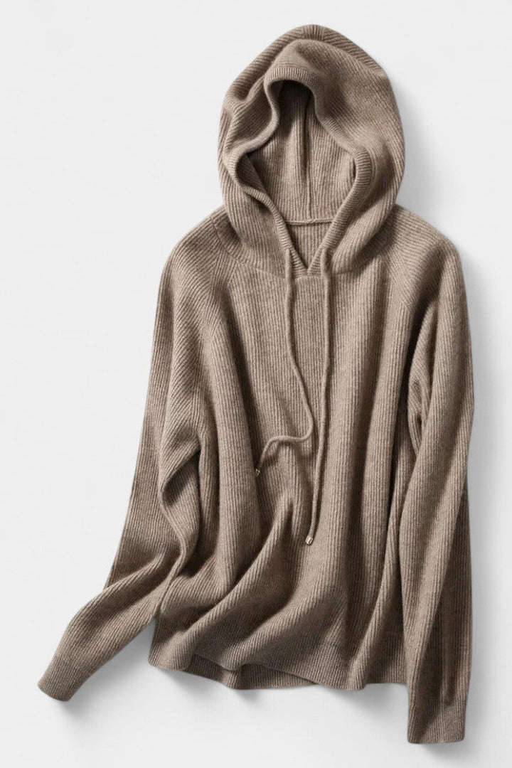 Agnella Hip-Length Ribbed Hoodie Sweater with Drawstrings