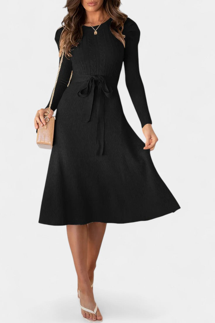 Évoria Puff Sleeve Midi Knit Dress with Lace Accents