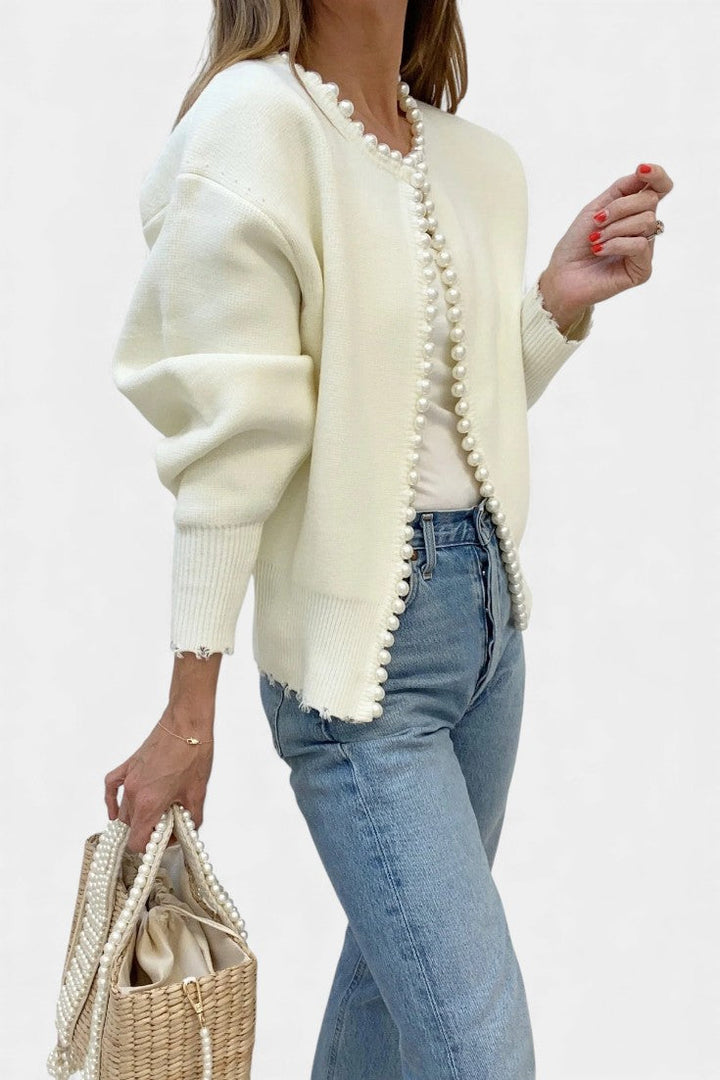 Beaded Edge Knit Cardigan with Frayed Hem by Prisette