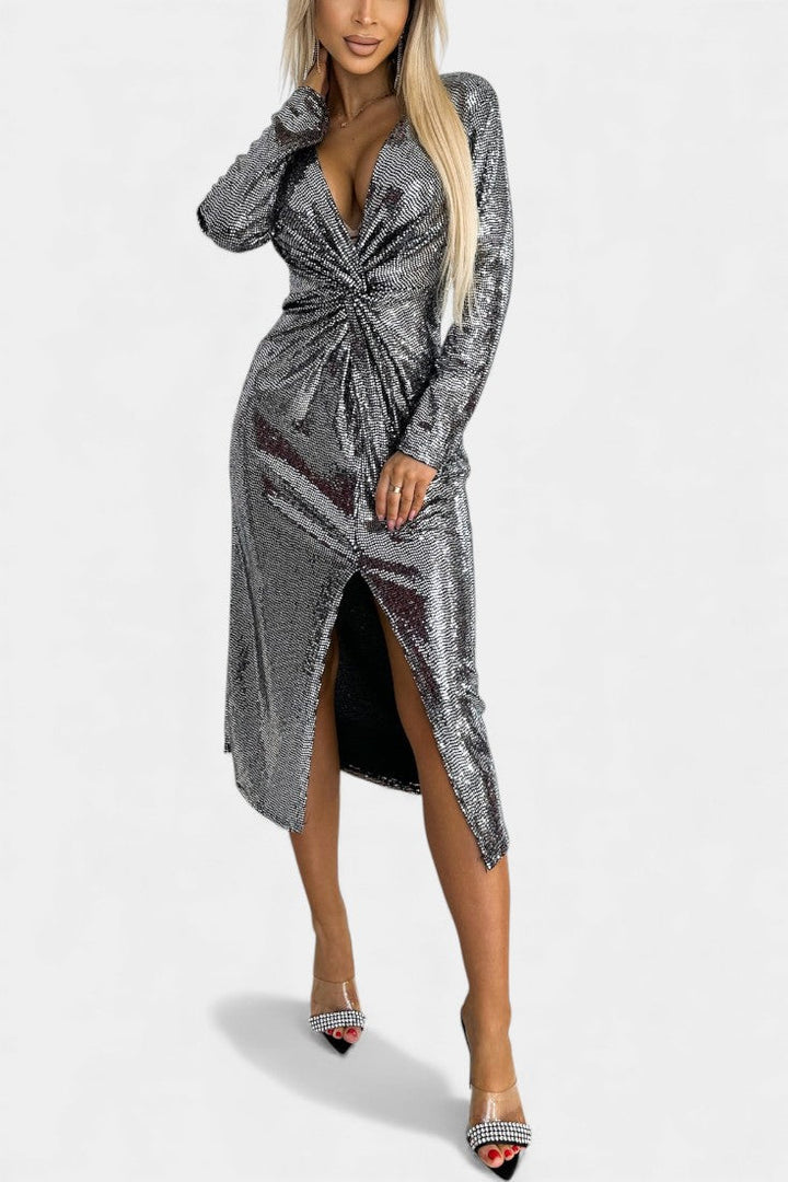 Sofina V-Neck Sequined Dress with Chic Slit