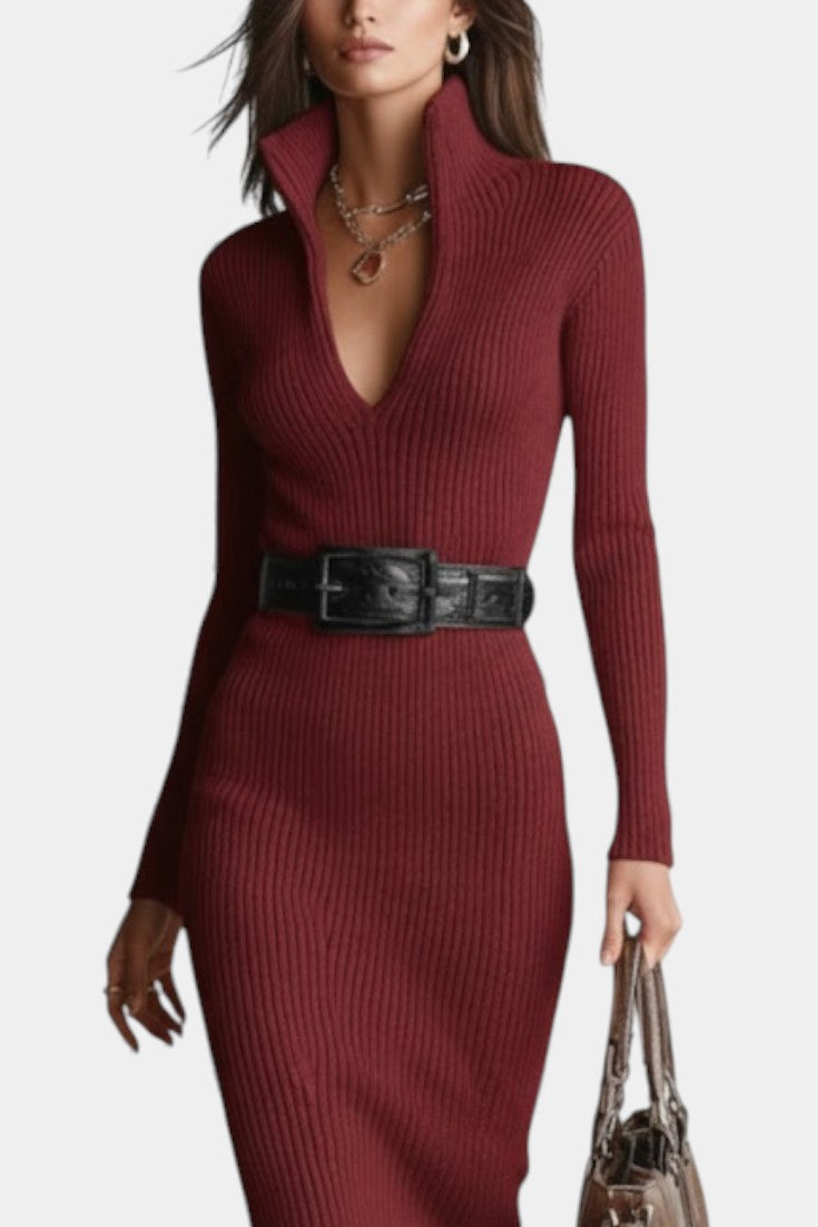 Susana Fitted Midi Knit Dress with Half-Roll Collar and V-Neck - Beltless Design