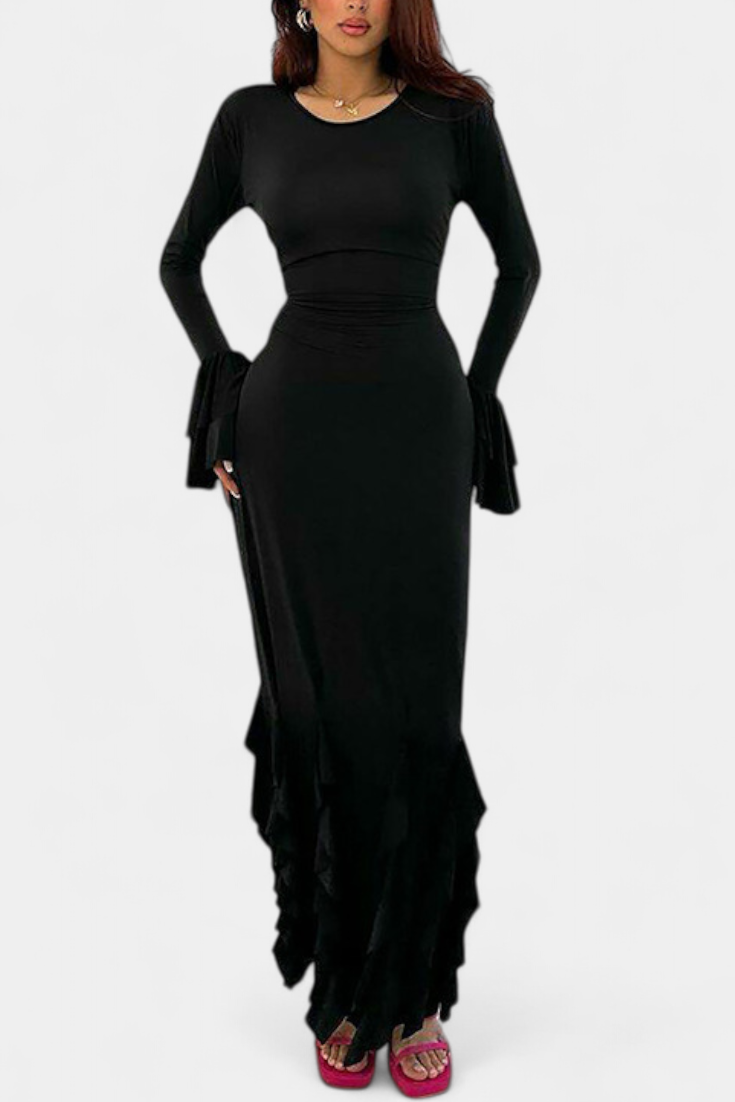 Calissa Long Fitted Dress Featuring Flared Sleeves and Flowing Ruffles