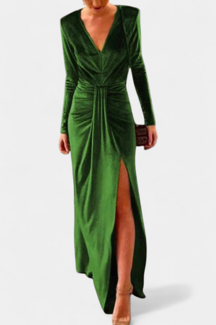 LaVerna Golden Dress Featuring a Deep V-Neck and Front Slit