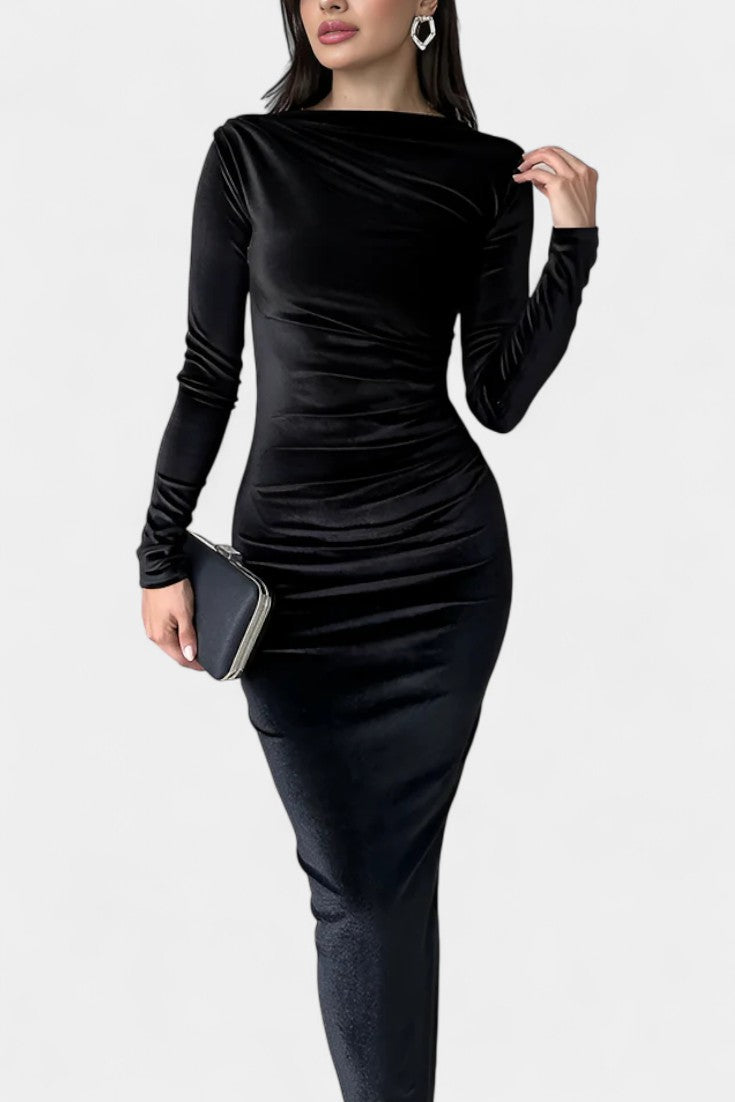 Ruched Velvet Long Sleeve Bodycon Maxi Dress by Amicie