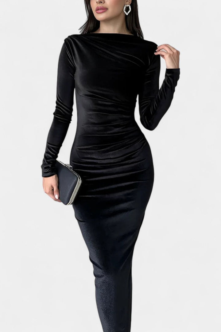 Ruched Velvet Long Sleeve Bodycon Maxi Dress by Amicie