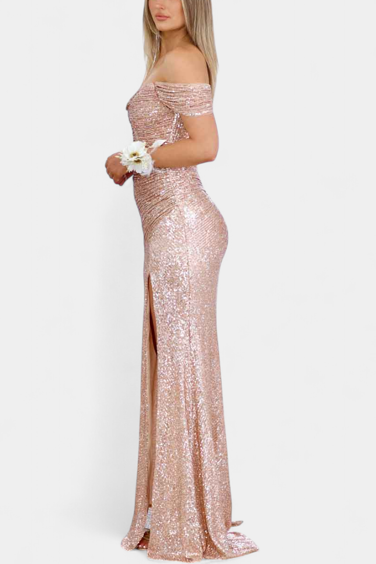 Off-Shoulder Mermaid Dress by Ariel with Ruched Corset and High Slit