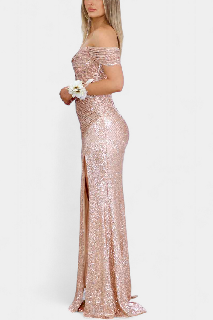 Off-Shoulder Mermaid Dress by Ariel with Ruched Corset and High Slit